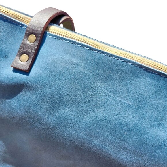 Portland Leather Limited Edition Leather Tote Bag Medium Zipper Aqua Brown Strap - Picture 12 of 12